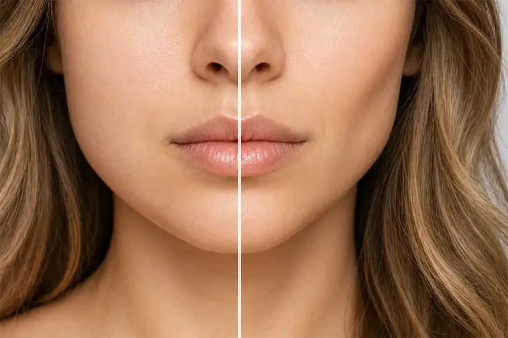 Comparison before and after buccal fat removal showing reduced cheek volume and improved jawline definition in a female patient at an aesthetic clinic.
