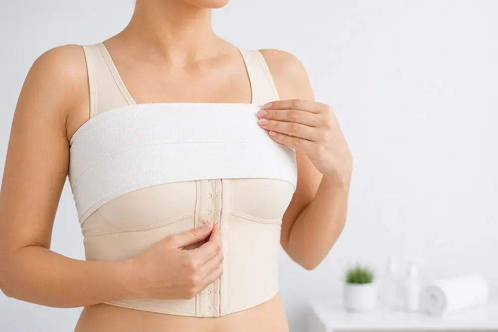 Patient with post-surgical compression garment and compression band after breast augmentation in a clinical setting.