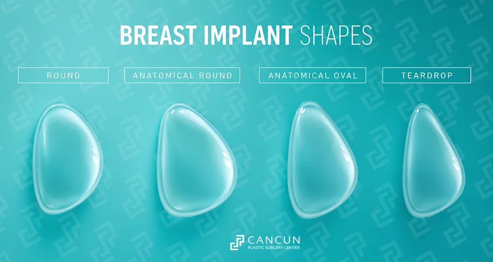 Types of breast implants showing round, anatomical round, anatomical oval, and teardrop shapes in breast augmentation surgery