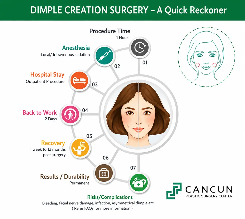 Infografía sobre dimpleplastía que explica procedimiento, recuperación, duración, riesgos y resultados estéticos.
