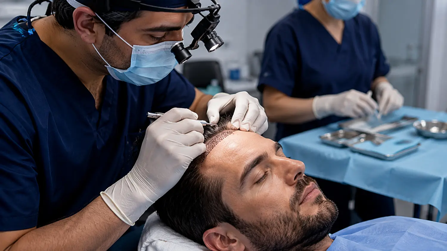 Especialista realizando injerto capilar en paciente internacional dentro de clínica médica premium en Cancún.