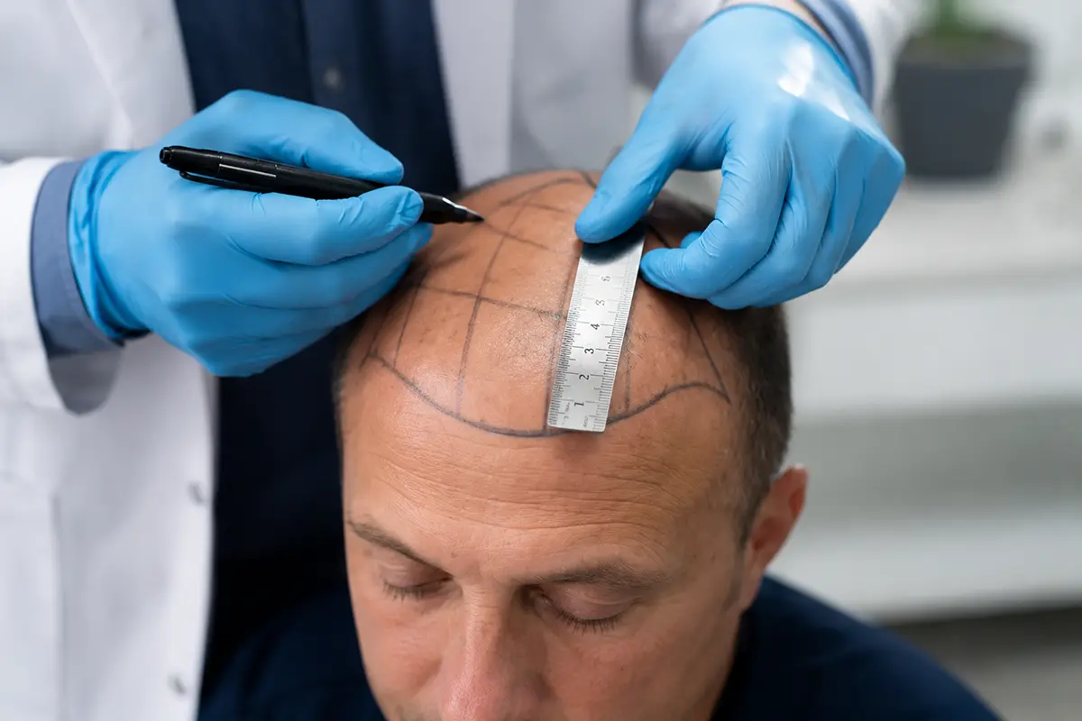 Especialista realizando diseño y medición de línea capilar durante valoración para injerto capilar en clínica médica.
